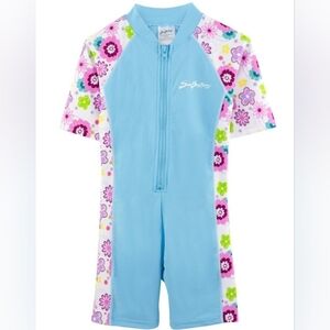 SunBusters Girls 1 Piece S/S Sunsuit Rash Swim UPF 50+ Blue Pink Floral NWT